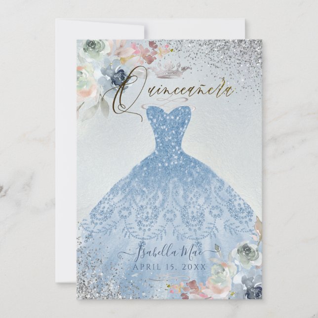 Quinceanera Dusty Blue Silver Glitzer Gown Rose Einladung (Vorderseite)