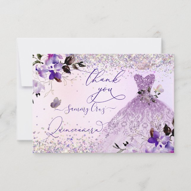 Quinceanera Dusty Lilac Lila Silver Glitzer Gown Dankeskarte (Vorderseite)