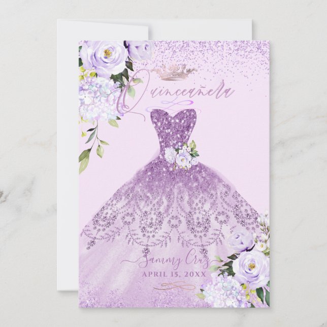Quinceanera Dusty Lilac Lila Silver Glitzer Gown Einladung (Vorderseite)