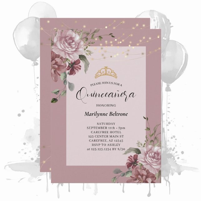 Quinceañera Dusty Purple Floral Gold Invitation (Créateur téléchargé)