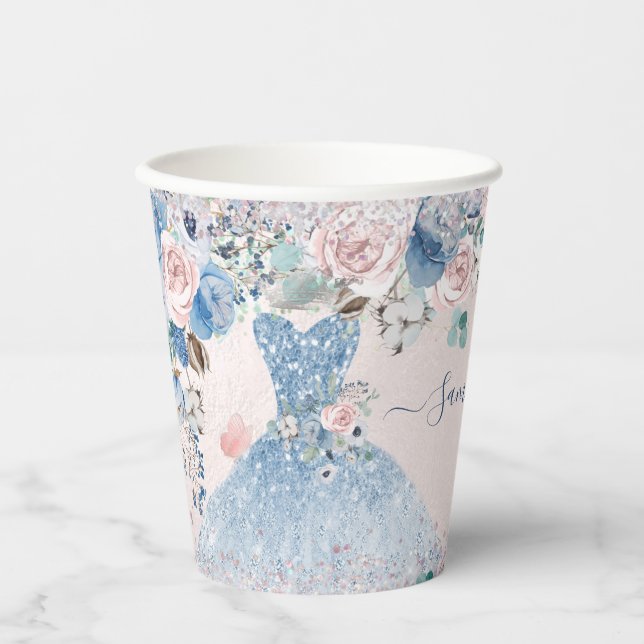 Quinceanera Dusty Rose Blue Peonies Blume Paper  Pappbecher (Vorderseite)