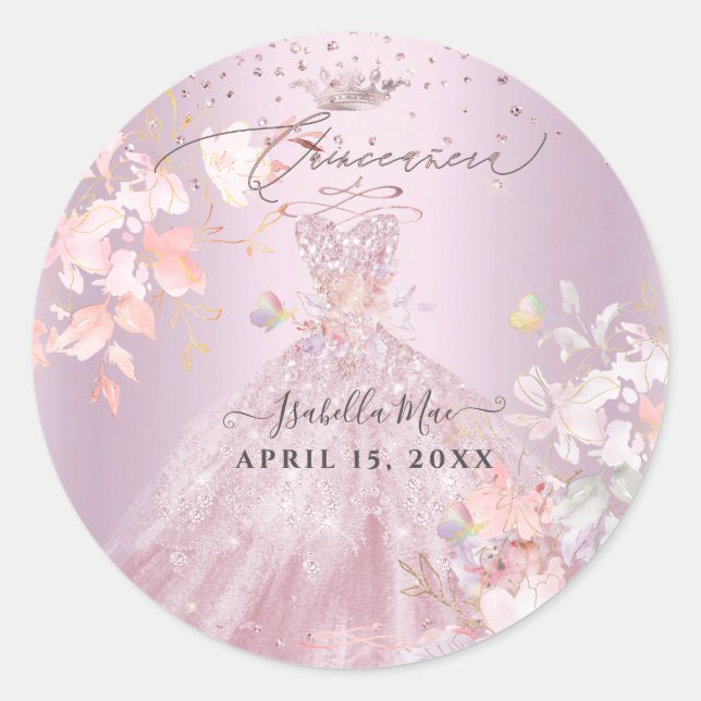 Quinceanera Dusty Rose Glitzer Platterbsen Runder Aufkleber (Vorderseite)