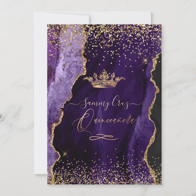Quinceanera Eggplant Lila Agate Gold Glitzer Einladung (Vorderseite)