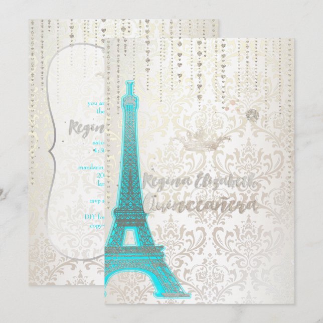 Quinceanera/Eiffel Blau/Prinzessin/Krone Einladung (Vorne/Hinten)