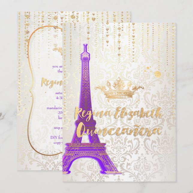 Quinceanera/Eiffelturm/Pariser Prinzessin/Lila Einladung (Vorne/Hinten)