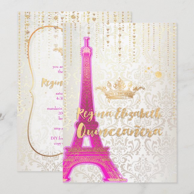 Quinceanera/Eiffelturm/Pariser Prinzessin/Lila Einladung (Vorne/Hinten)