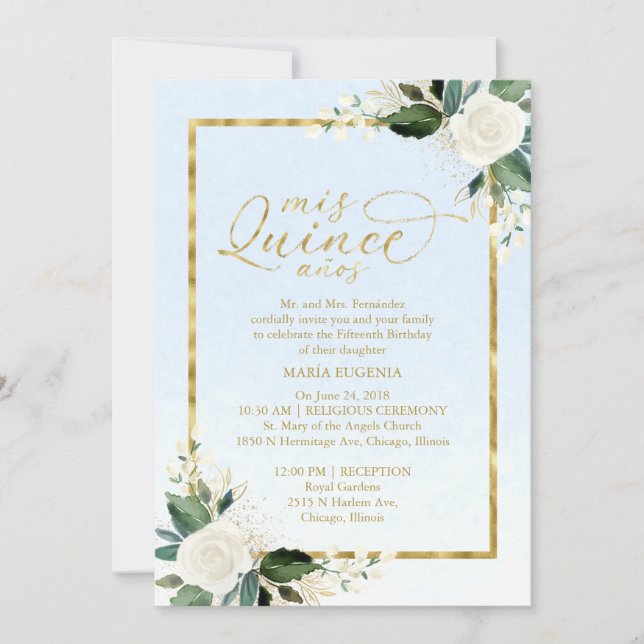 Quinceanera Einladung Bilingual Blue Gold Foil (Vorderseite)