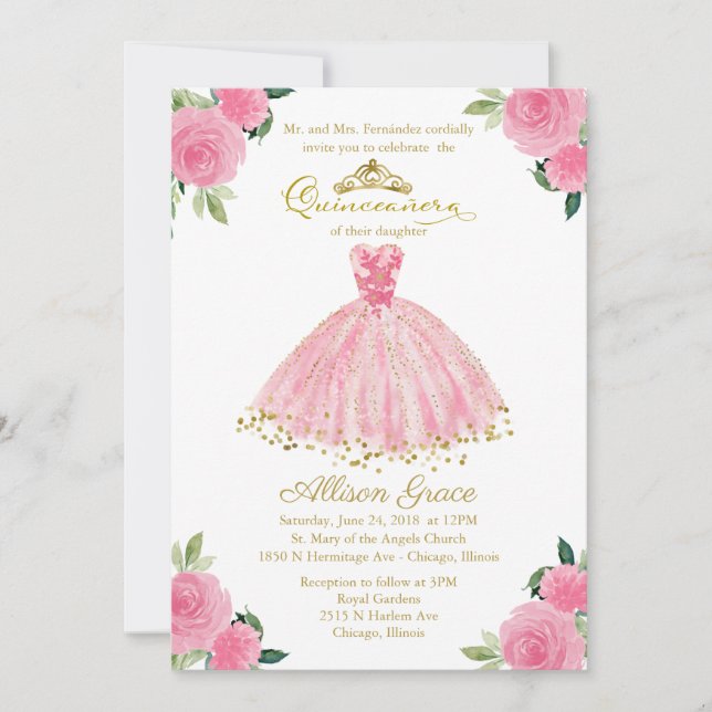 Quinceanera Einladung Bilingual Hot Pink Gown (Vorderseite)