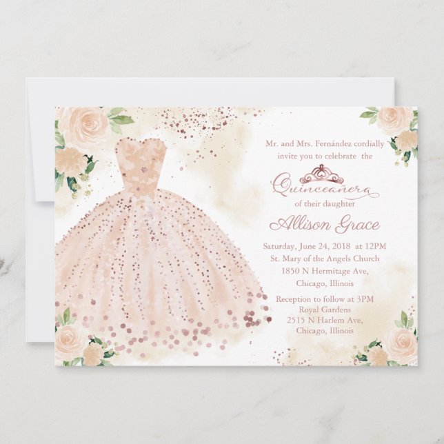 Quinceanera Einladung Bilingual Pink Blush Gown (Vorderseite)