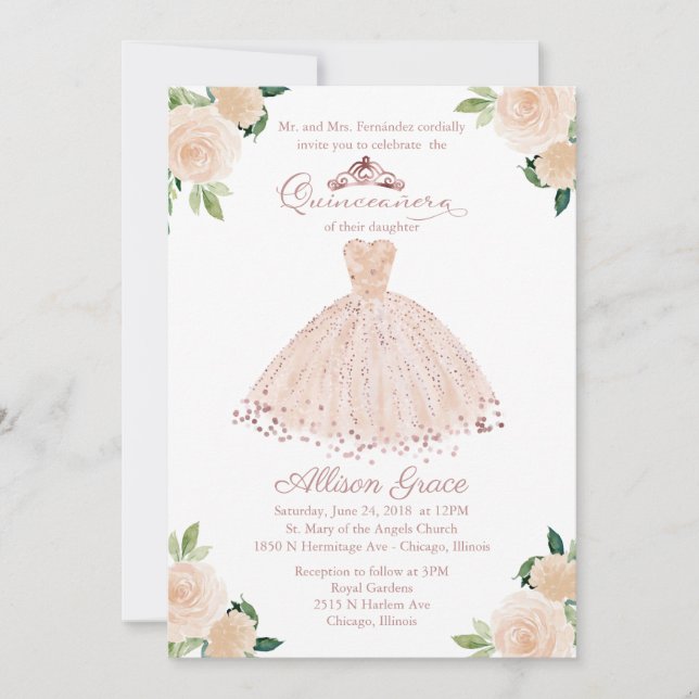 Quinceanera Einladung Bilingual Pink Blush Gown (Vorderseite)