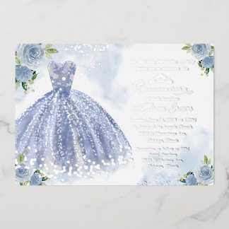 Quinceanera Einladung Blumenblauer Gown Silver
