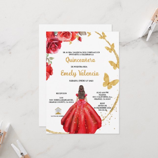 Quinceañera Einladung en español (Vorderseite/Rückseite Beispiel)