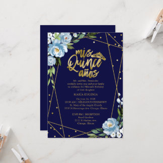 Quinceanera Einladung Gold Foil Dark Blue Floral