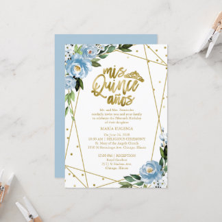 Quinceanera Einladung Gold Foil Dusty Blue Floral
