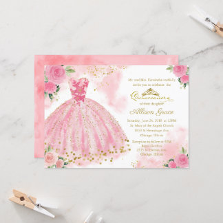 Quinceanera Einladung Gold Foil Hot Pink Gown