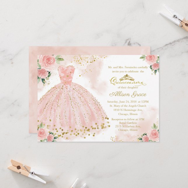 Quinceanera Einladung Gold Foil Pink Blush Gown (Vorderseite/Rückseite Beispiel)