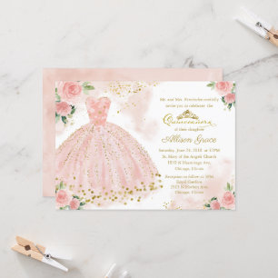 Quinceanera Einladung Gold Foil Pink Blush Gown