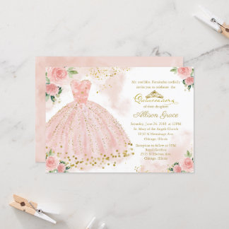 Quinceanera Einladung Gold Foil Pink Blush Gown