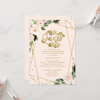 Quinceanera Einladung Gold Foil Rosa Rosa Blüte Bl
