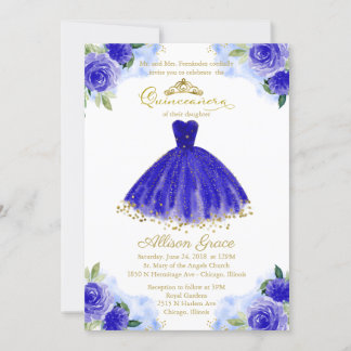Quinceanera Einladung Gold Foil Royal Blue Dress