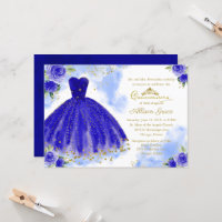 Quinceanera Einladung Gold Foil Royal Blue Gown