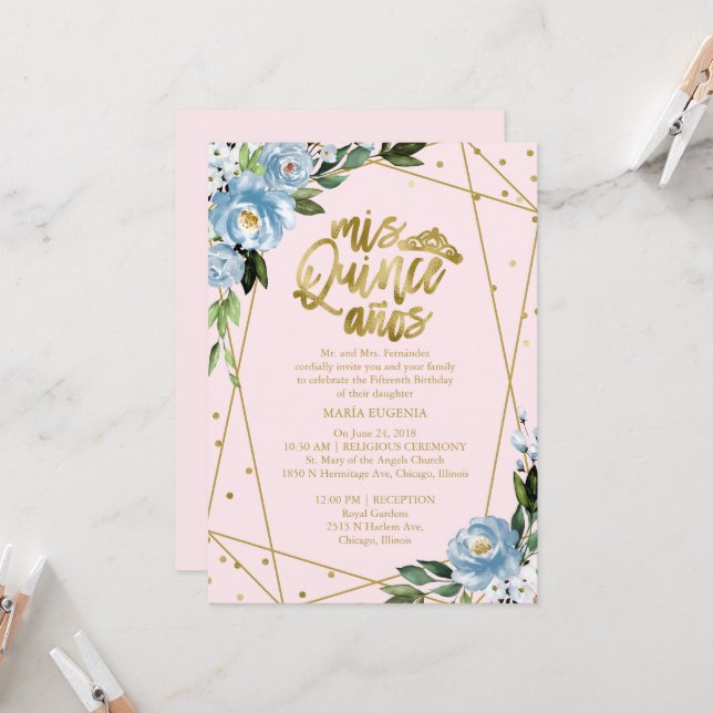 Quinceanera Einladung Gold Pink Blütenwelt (Vorderseite/Rückseite Beispiel)
