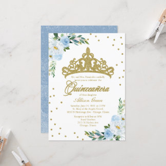 Quinceanera Einladung Gold Tiara Baby Blue Floral