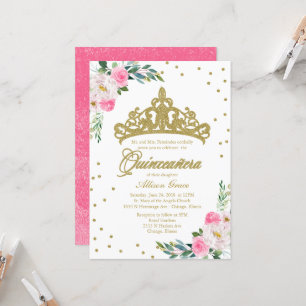 Quinceanera-Einladung Gold-Tiara Heiße Pinke Blume