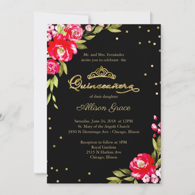 Quinceanera Einladung Hot Pink Blume auf schwarz (Vorderseite)