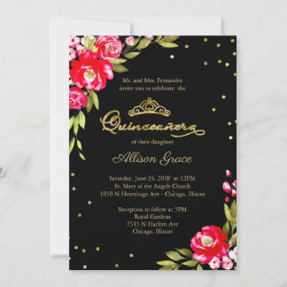 Quinceanera Einladung Hot Pink Blume auf schwarz