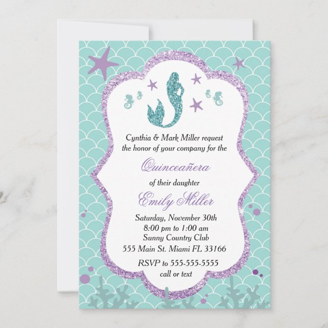 Quinceañera Einladung Mermaid Lila Aquamarinen (Vorderseite)