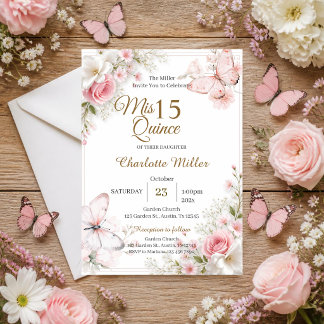 Quinceanera-Einladung mit floralen rosa Schmetterl Einladung
