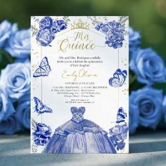 Quinceanera Einladung Royal Blue Dress Floral