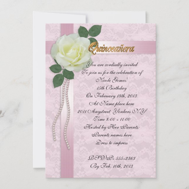 Quinceanera Einladung Satinspitze und weiße Rose (Vorderseite)