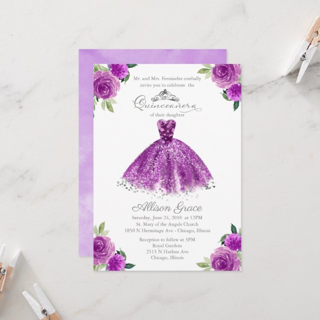 Quinceanera Einladung Silber Lila Blumenguss (Vorderseite/Rückseite Beispiel)