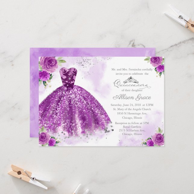 Quinceanera Einladung Silber Lila Blumenguss (Vorderseite/Rückseite Beispiel)