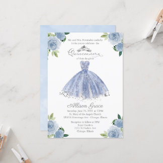 Quinceanera Einladung Silver Blue Floral Gown