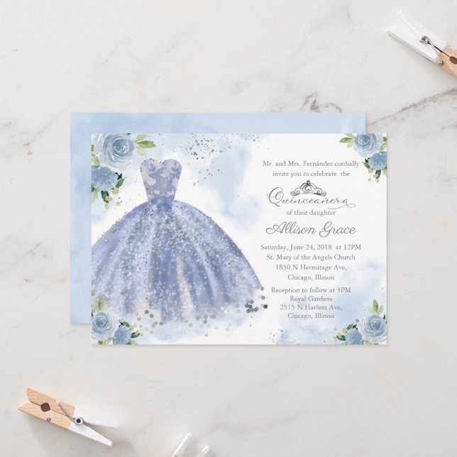 Quinceanera Einladung Silver Light Blue Gown (Vorderseite/Rückseite Beispiel)