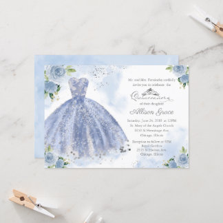 Quinceanera Einladung Silver Light Blue Gown