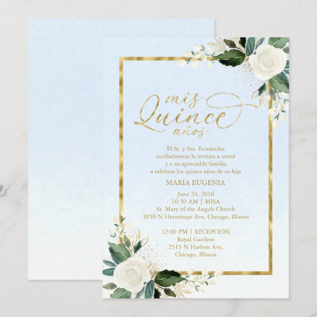 Quinceanera Einladung Spanisch Blue Gold Foil (Vorne/Hinten)