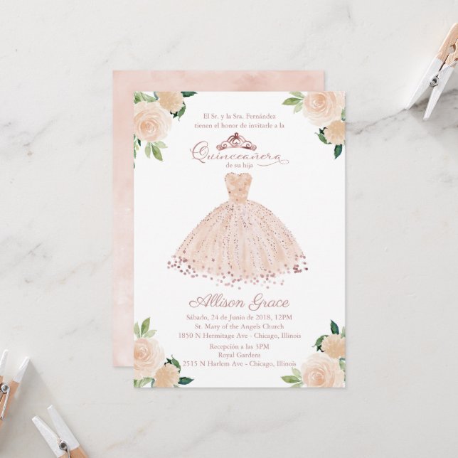 Quinceanera Einladung Spanisch Blush Gown Bloral (Vorderseite/Rückseite Beispiel)