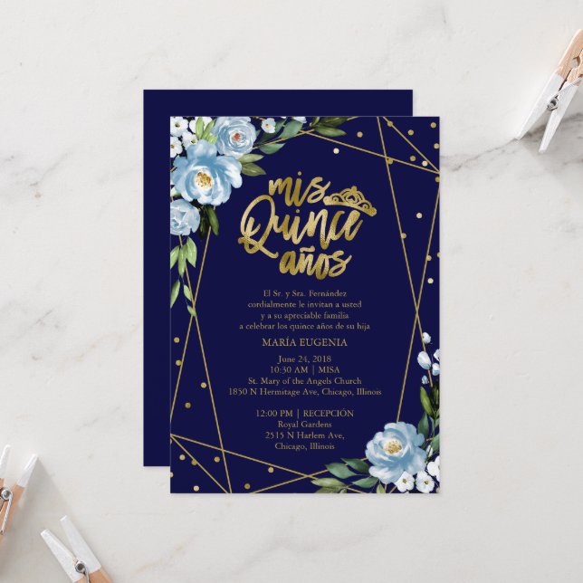 Quinceanera Einladung Spanisch Dunkelblauer Goldfo (Vorderseite/Rückseite Beispiel)