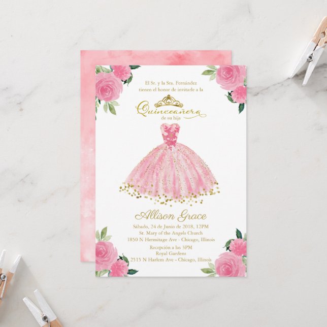Quinceanera Einladung Spanisch Hot Pink Gown (Vorderseite/Rückseite Beispiel)