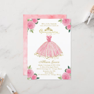 Quinceanera Einladung Spanisch Hot Pink Gown