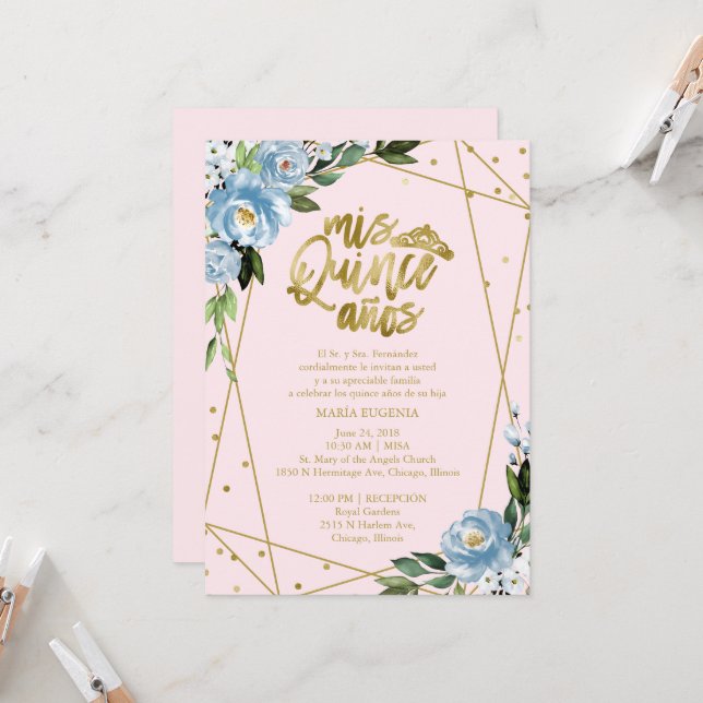Quinceanera Einladung Spanisch Pink Blue Gold Foil (Vorderseite/Rückseite Beispiel)