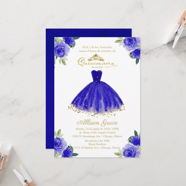 Quinceanera Einladung Spanisch Royal Blue Gown (Vorderseite/Rückseite Beispiel)