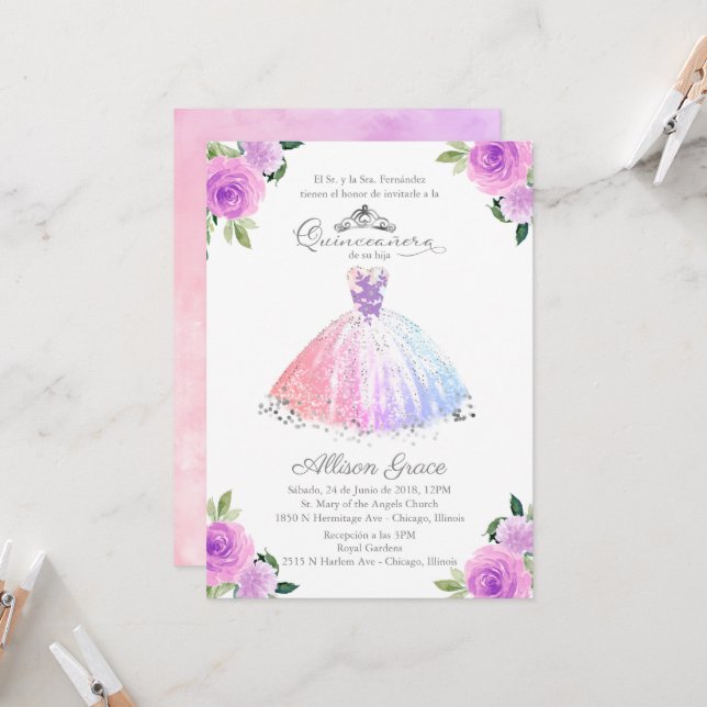 Quinceanera Einladung Spanische Pastellfarben Gown (Vorderseite/Rückseite Beispiel)