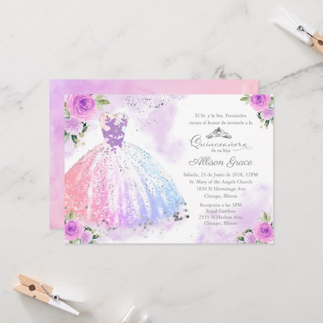 Quinceanera Einladung Spanisches Pastellfarbengel (Vorderseite/Rückseite Beispiel)