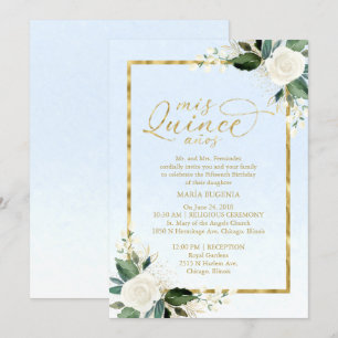 Quinceanera-Einladung Staubblau Goldfolie Floral Einladung