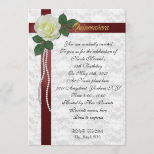 Quinceanera Einladung Weiße Rose und rote Band